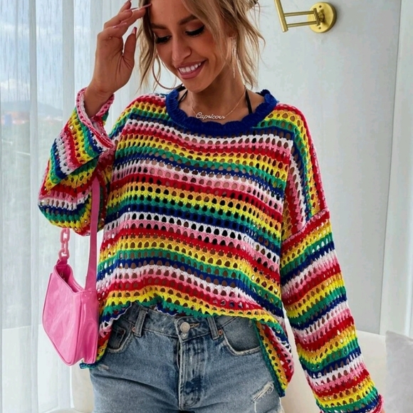 Open Knit Rainbow Stripe Sweater - Picture 7 of 8